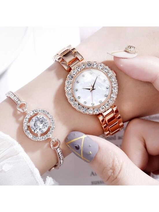 Women\'s Rose Gold Analog Quartz Classic Alloy Strap Crystal Bracelet Set Watch main image 5